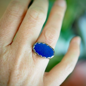 Large Lapis Ring, Oval Lapis Ring with Gold Dots, Lapis Statement Ring, Dark Silver Jewelry, Petal Ring, Lapis Lazuli Jewelry, Mixed Metal image 8