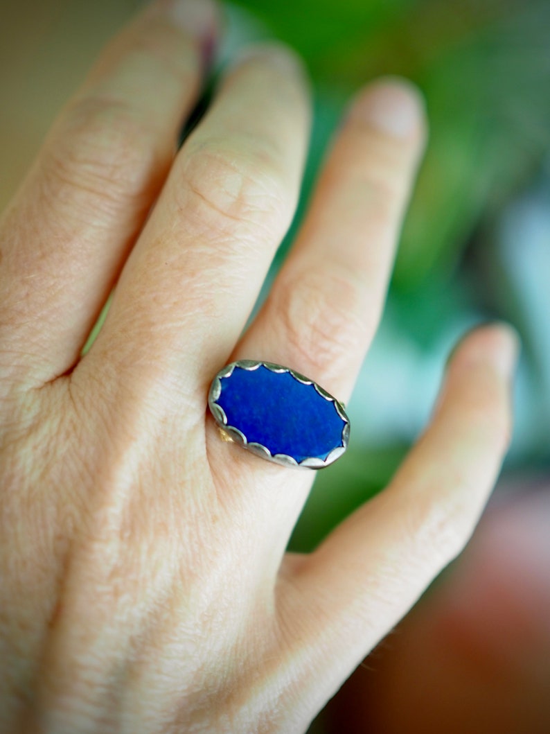 Large Lapis Ring, Oval Lapis Ring with Gold Dots, Lapis Statement Ring, Dark Silver Jewelry, Petal Ring, Lapis Lazuli Jewelry, Mixed Metal image 8