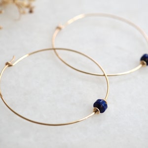 Large Gold Hoops, Gold Earrings, Lapis Hoops, Thin Gold Hoops, Gold Lapis Earrings, 2 Inch Gold Hoops, Gold Hoop Earrings, Minimal Earrings image 4