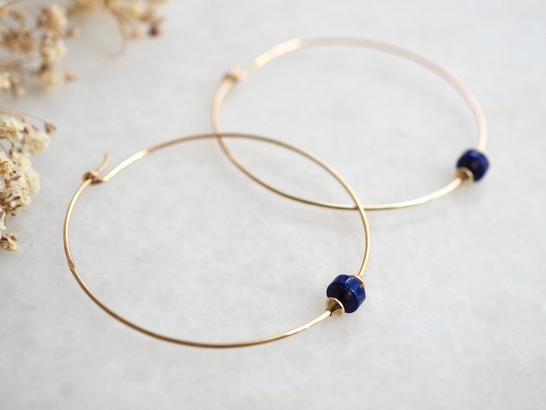 Large Gold Hoops, Gold Earrings, Lapis Hoops, Thin Gold Hoops, Gold Lapis Earrings, 2 Inch Gold Hoops, Gold Hoop Earrings, Minimal Earrings image 4