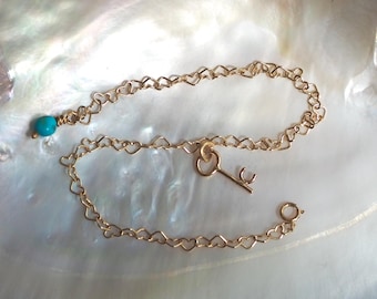 14k Gold Linked Hearts LinkChain Bracelet with Tiny Key and  Turquoise Dangle