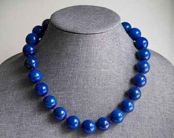 Chunky Lapis Lazuli Statement Necklace, 14k Hand Knotted on Red Silk