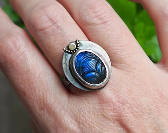 Dark Blue Crowned Carved Labradorite Scarab Ring, Sterling Silver and 14k