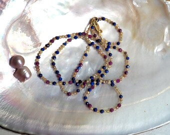 Funfetti Mixed Gem Beaded Necklace with Faceted Ruby, Lapis Lazuli and Zircon