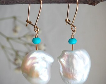 Jumbo Iridescent White Baroque Pearl and Blue Turquoise Gold Earrings