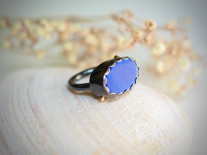 Large Lapis Ring, Oval Lapis Ring with Gold Dots, Lapis Statement Ring, Dark Silver Jewelry, Petal Ring, Lapis Lazuli Jewelry, Mixed Metal image 3