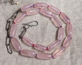 Rose Quartz Necklace, Knotted Rose Quartz, Large Rose Quartz Beads, Light Pink Layering Necklace, Smooth Rose Quartz, Handmade Silver Chain