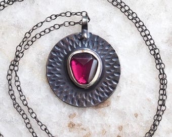 Hand Stamped Rhodolite Garnet Medallion Pendant