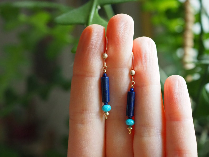 Lapis Lazuli Earrings, Lapis and Turquoise, Lapis Dangle, Drop Earrings with Gems, Lapis Turquoise Earrings, Gold Lapis Earrings, Blue Gem image 8