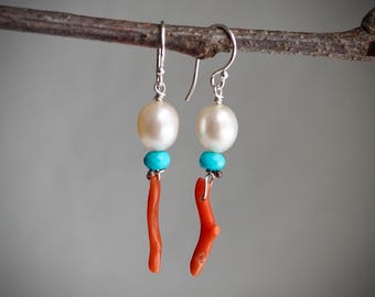 Sardinian Red Coral, White Pearl and Sleeping Beauty Turquoise Earrings