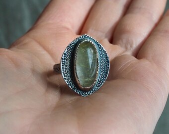 Golden Rutilated Quartz Dragon Eye Ring, Hand Stamped Sterling Silver 7.75