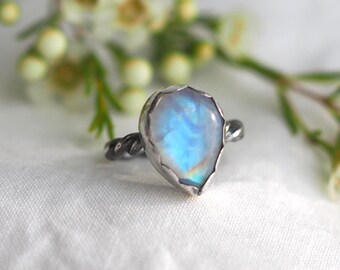 Dreamy Teardrop Blue Rainbow Moonstone Ring
