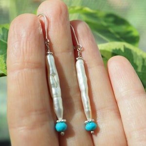 Long Pearl Earrings, Sleeping Beauty Turquoise, White Biwa, Wedding Earrings, Stick Pearl Earrings, Organic Pearl, White Stick Pearl Jewelry image 4