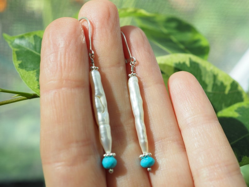 Long Pearl Earrings, Sleeping Beauty Turquoise, White Biwa, Wedding Earrings, Stick Pearl Earrings, Organic Pearl, White Stick Pearl Jewelry image 4