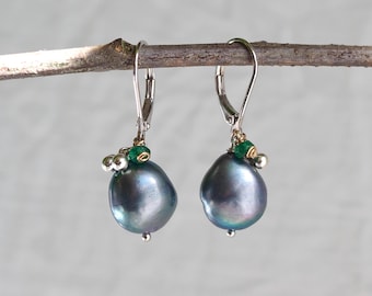 Classic Peacock Pearl and Emerald Earrings