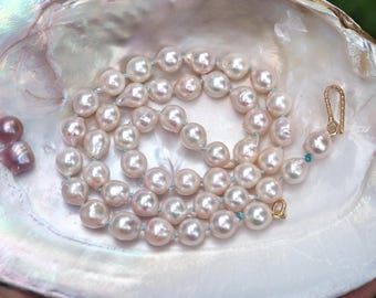 Natural Japanese Pale Pink Akoya Pearl Necklace Hand Knotted on Blue Silk with Solid 14k Gold Clasp