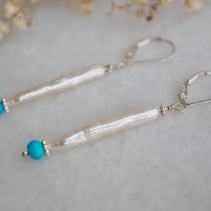 Long Pearl Earrings, Sleeping Beauty Turquoise, White Biwa, Wedding Earrings, Stick Pearl Earrings, Organic Pearl, White Stick Pearl Jewelry image 7