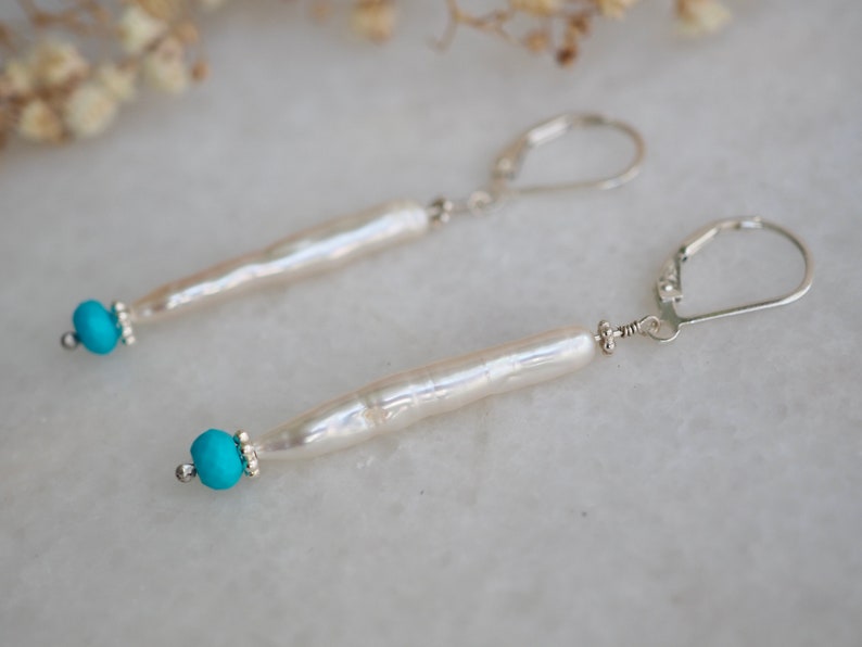 Long Pearl Earrings, Sleeping Beauty Turquoise, White Biwa, Wedding Earrings, Stick Pearl Earrings, Organic Pearl, White Stick Pearl Jewelry image 7