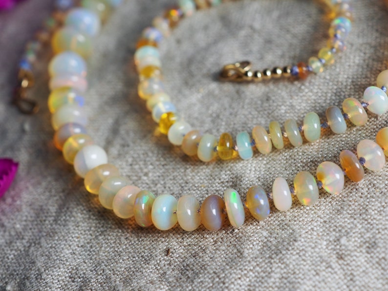 Graduated Opal Beaded Necklace, Opal Beads, 14k Candy Style Opal, Hand Knotted Rainbow Opal, Gem Candy Layering Necklace, October Birthstone image 2