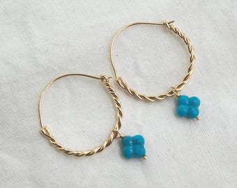 Pop of Blue Twisted 14k Gold Hoops with Turquoise Lucky Clovers