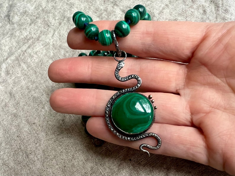 Cosmic Serpent Necklace, Malachite Snake, Large Snake Pendant, Malachite Statement Necklace, Snake Jewelry, Silver Snake 18 Necklace Beaded image 7