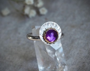 Hand Stamped Mixed Metal Ring with Rose Cut Amethyst, Sterling Silver and 14k Gold