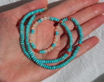 Kingman Turquoise, Red Coral & Ethiopian Opal 14k Gold Necklace