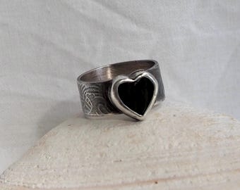 Dark Silver Ocean Wave Ring with Black Onyx Heart