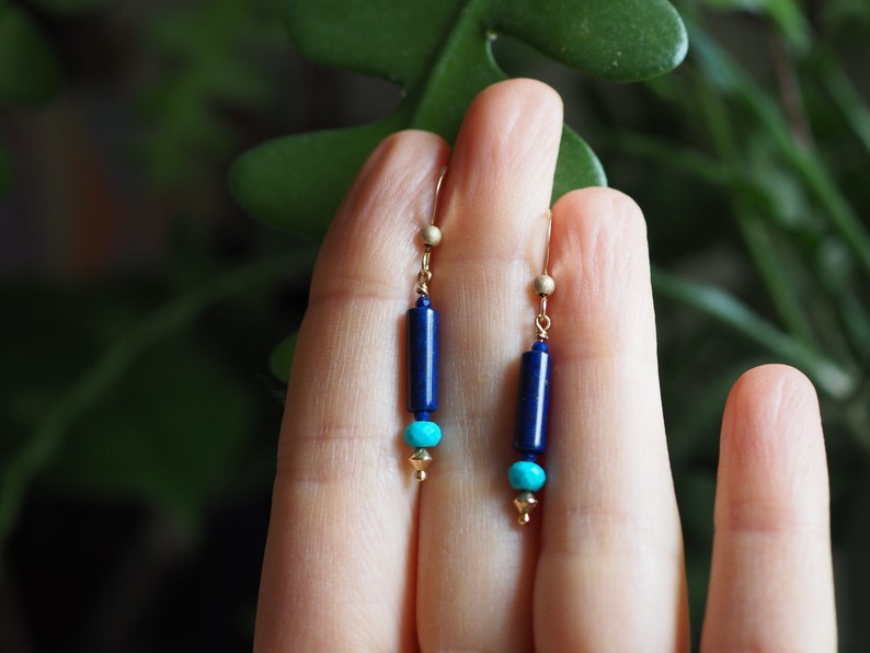 Lapis Lazuli Earrings, Lapis and Turquoise, Lapis Dangle, Drop Earrings with Gems, Lapis Turquoise Earrings, Gold Lapis Earrings, Blue Gem image 9