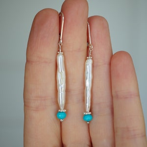 Long Pearl Earrings, Sleeping Beauty Turquoise, White Biwa, Wedding Earrings, Stick Pearl Earrings, Organic Pearl, White Stick Pearl Jewelry image 5