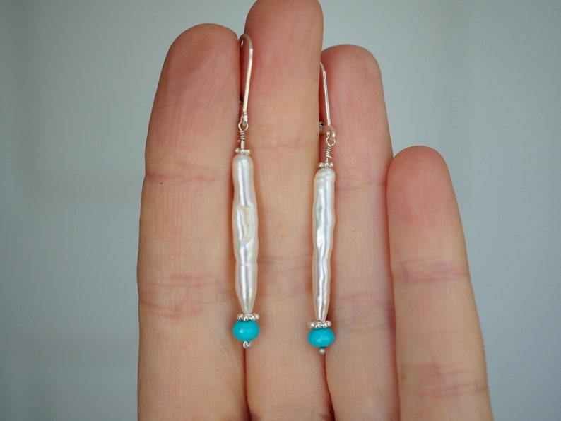 Long Pearl Earrings, Sleeping Beauty Turquoise, White Biwa, Wedding Earrings, Stick Pearl Earrings, Organic Pearl, White Stick Pearl Jewelry image 5