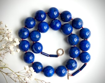 Chunky Lapis Lazuli Statement Necklace, 14k Hand Knotted on Red Silk