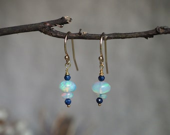 Solid Gold Opal Dangle Earrings, 14k Opal Drop Earrings, Opal Bead Gold Earrings, Fire Opal Sapphire Earrings, Small Opal Dangle Earrings