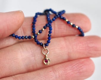 Red Ruby Pendant with Dainty Lapis Bead Necklace, Solid 14k Gold