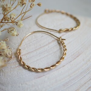 Solid 14k Gold Hoops, Hand Twisted Hoops, Medium Size Round Earrings, 14k Gold Earrings, Ancient Earrings, 1 inch Hoops, Handmade Gold Hoops image 1