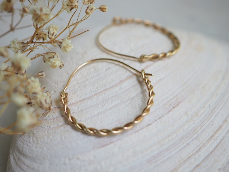 Solid 14k Gold Hoops, Hand Twisted Hoops, Medium Size Round Earrings, 14k Gold Earrings, Ancient Earrings, 1 inch Hoops, Handmade Gold Hoops image 1