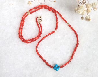 Natural Red Italian Coral Necklace with 18k Gold Beads and Blue Turquoise Clover
