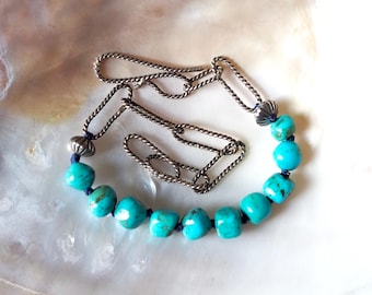 Handmade Darkened Sterling Silver Paperclip Chain Bracelet with Kingman Turquoise