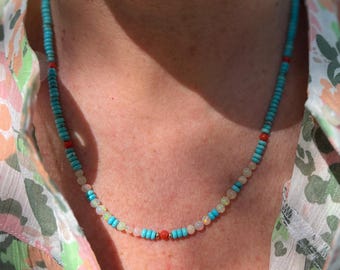 Festive Kingman Turquoise, Red Coral & Ethiopian Opal 14k Gold Necklace