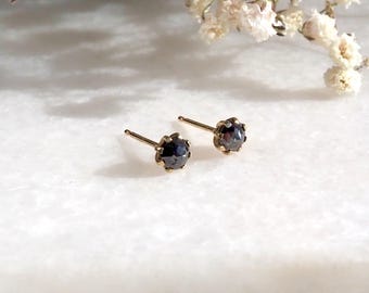 Solid 14k Gold Black Diamond Stud Earrings,  0.64 Ct Faceted Rose Cut 4mm Diamonds
