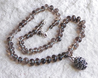 Hand Knotted Smoky Quartz and Solid Silver Pinecone Fruit of the Forest Necklace