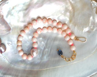 Natural Pink Coral and Akoya Pearl Knotted Bracelet with Kyanite Dangle and Gold Clasp, Adjustable Length (7-8")