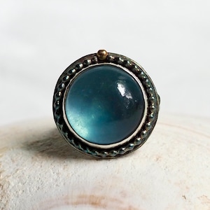 Large Round Aquamarine Ring in Dark Sterling Silver and 18k Gold, Mixed Metal Blue Aquamarine Statement Ring, Size 7/7.5