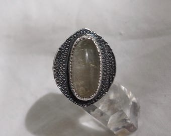 Glowing Golden Dragon's Eye Ring with Rutilated Quartz, Hand-Stamped Silver