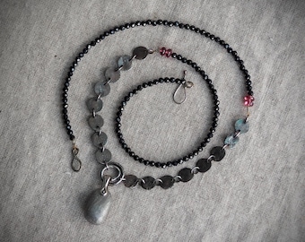 Cosmic Companion Meteorite Nugget Pendant with 22" Silver Moon, Black Spinel and Garnet Chain