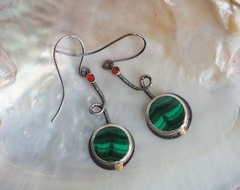 Whimsical Curlycue Swirl Drop Earrings with Patterned Malachite and Fire Opal
