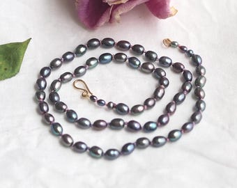 Hydrangea Necklace, Knotted Silk Peacock Pearls 14k Clasp