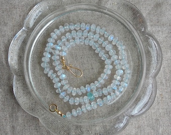 Pale Blue Rainbow Moonstone and Aquamarine Hand Knotted Silk Beaded Necklace with Gold Clasp