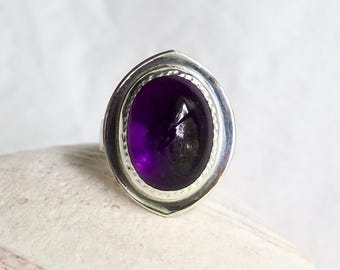 Deep Purple Nebula Amethyst Ring, with Hand-Stamped Dotted Bezel