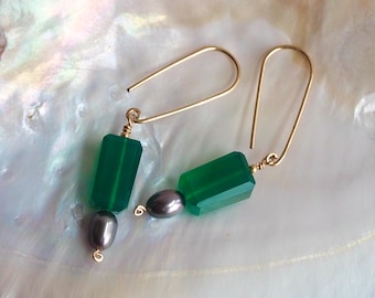 Vivid Green Onyx and Peacock Pearl Earrings